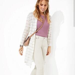 Maurices open front cardigan duster sweater XS white tan stripes striped 2019